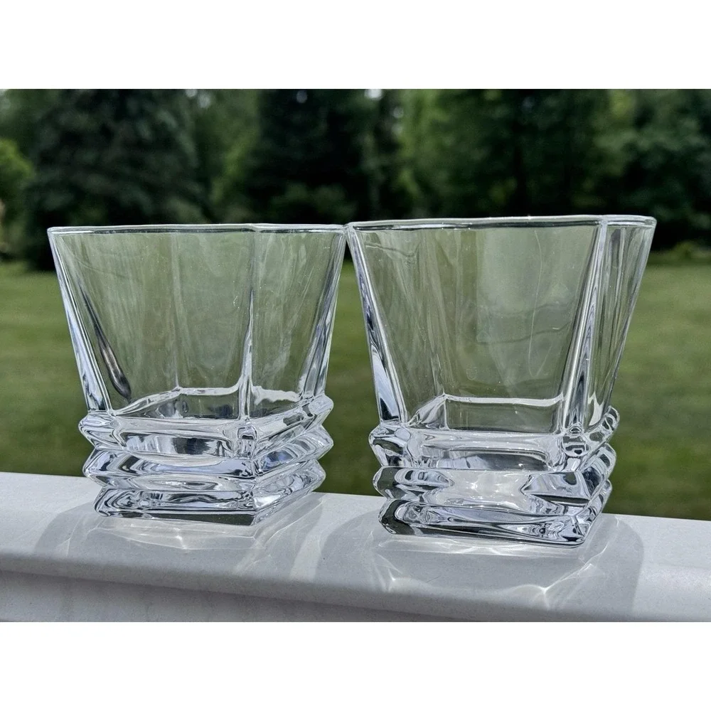 2 Barski Square Double Old Fashioned Lowball Crystal Glasses Geometric European